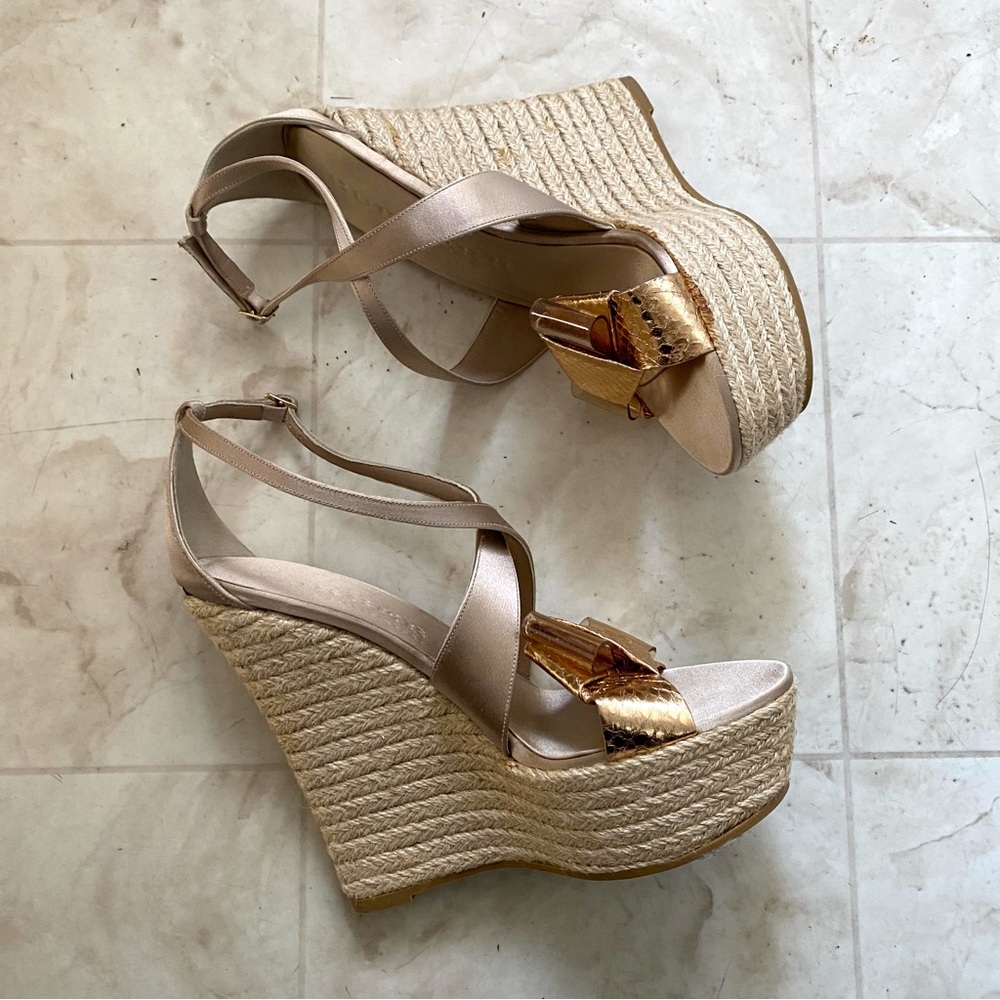 Burberry Made in Italy Satin Rosegold Leather Bow Espadrilles Sandals sz 9/39 - Picture 2 of 14